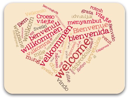 multi-lingual pink word cloud welcome heart