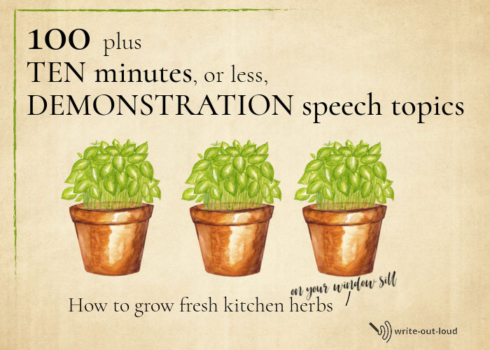 Image: 3 pots of basil Text: 10-minute demonstration speech topics - How to grow fresh kitchen herbs on your window sill