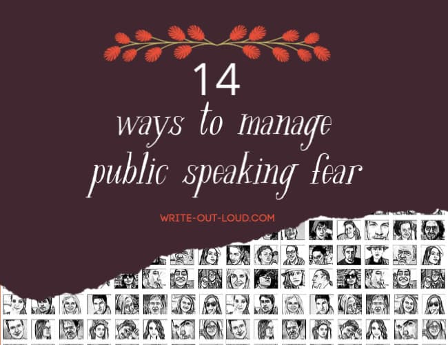 Image: photo montage of faces. Text: 14 ways to manage public speaking fear