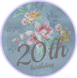 Image: Round blue vintage wallpaper button saying 20th birthday