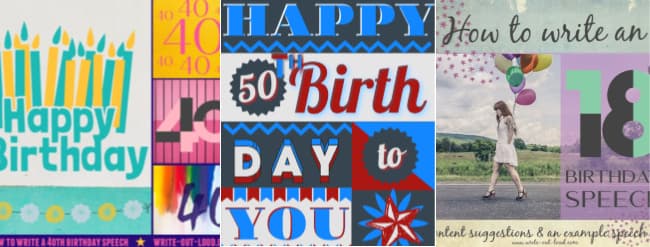 Image: collage of 3 graphics for 18th, 40 and 50th birthday speeches