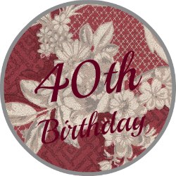 Image: Round red vintage wallpaper button saying 40th birthday