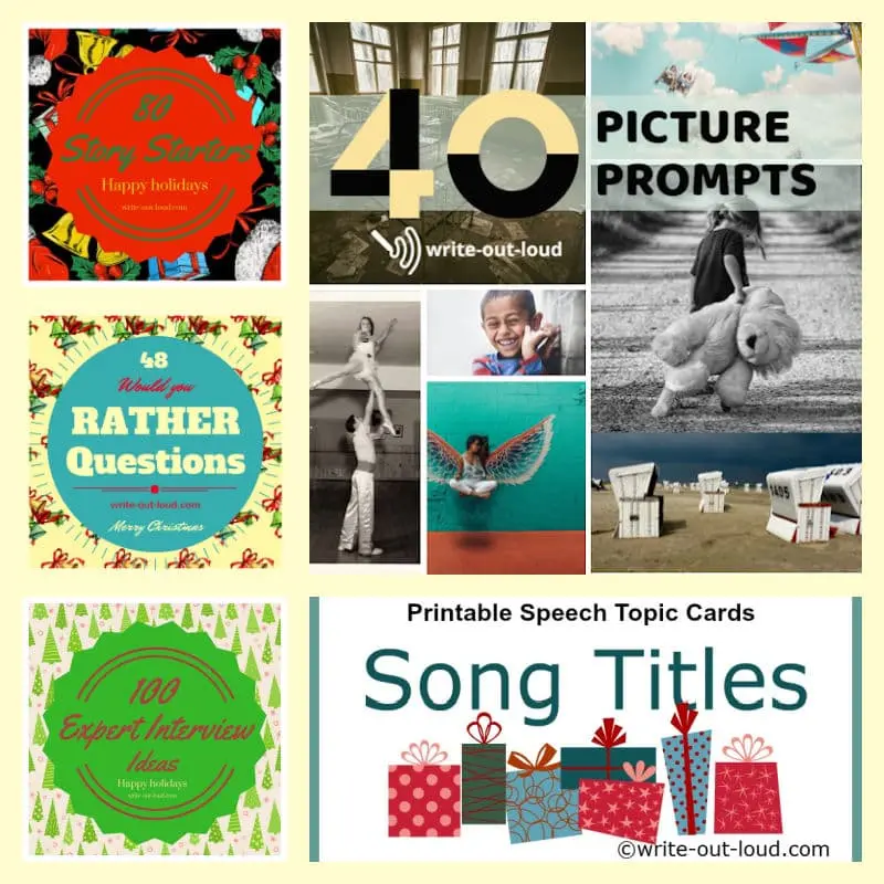 Image collage: 5 colorful labels for public speaking activities: Story starters, Would you rather, Expert interviews, Song titles and Picture prompts Image collage: 5 colorful labels for public speaking activities: Story starters, Would you rather, Expert interviews, Song titles and Picture prompts
