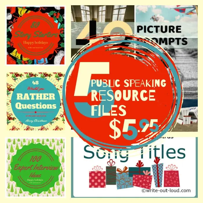 Collage: 5 colorful labels for public speaking activities: Story starters, Would you rather, Expert interviews, Song titles and Picture prompts, with label: 5 public speaking resource files: $5.95 Collage: 5 colorful labels for public speaking activities: Story starters, Would you rather, Expert interviews, Song titles and Picture prompts, with label: 5 public speaking resource files: $5.95
