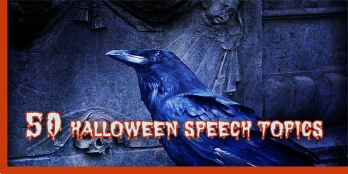 Get a printable of 60 Halloween speech topics for impromptu speeches. A blue-black raven, a skull, a stone cherubin on a grave at night.