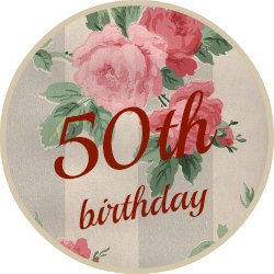 Round pink vintage wallpaper button saying 50th birthday