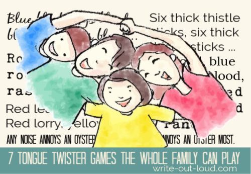 Happy family of four with tongue twisters in the background. Text: 7 tongue twister games the whole family can play.