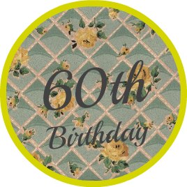 Round floral vintage wallpaper button saying 60th birthday
