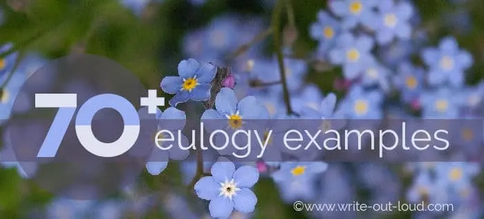 Image: Blue forget-me-nots Text: 70+ eulogy examples