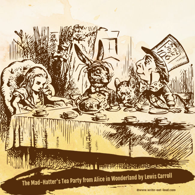 The Mad Hatter's Tea Party from Alice in Wonderland by Lewis Carroll. Illustration by John Tenniel, 1865.