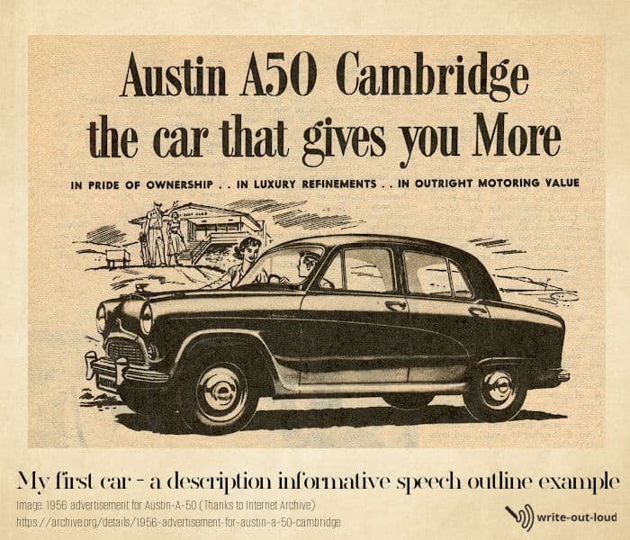 Image: Austin A50 advertising picture Text: Austin A50 Cambridge - the car that gives you more