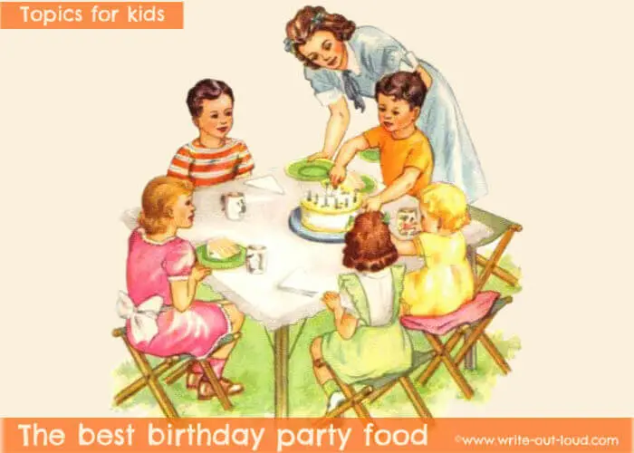 Image - vintage children's birthday party. Text: Speech Topics for kids - The best birthday party food.