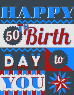 Image: Happy 50th birthday to you" in vintage fonts on charcoal background.
