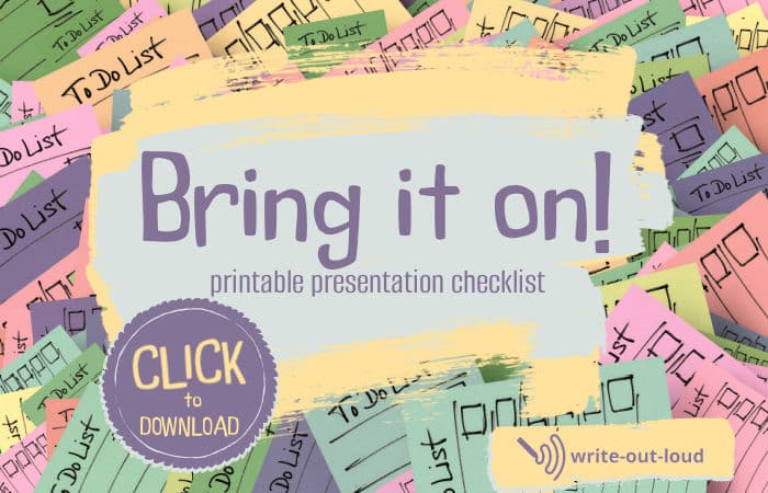 Image background: collage of multi-colored to-do lists. Text: 'Bring it on' printable presentation checklist. Click to download.