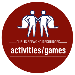 Round dark-red public speaking activities and games "call to action" button