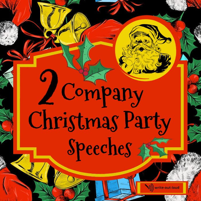 Image: Colorful Christmas background with label. Text: 2 company Christmas party speeches