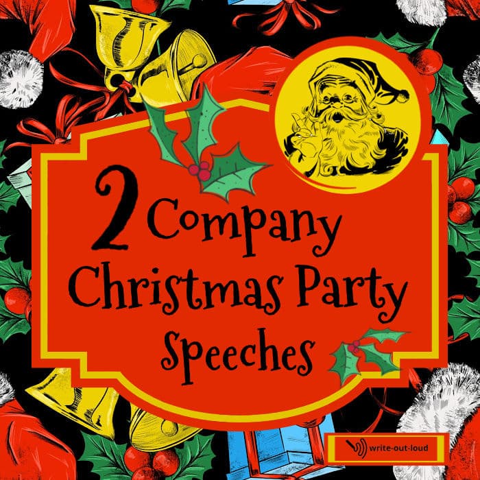 Image: Colorful Christmas background with label. Text: 2 company Christmas party speeches
