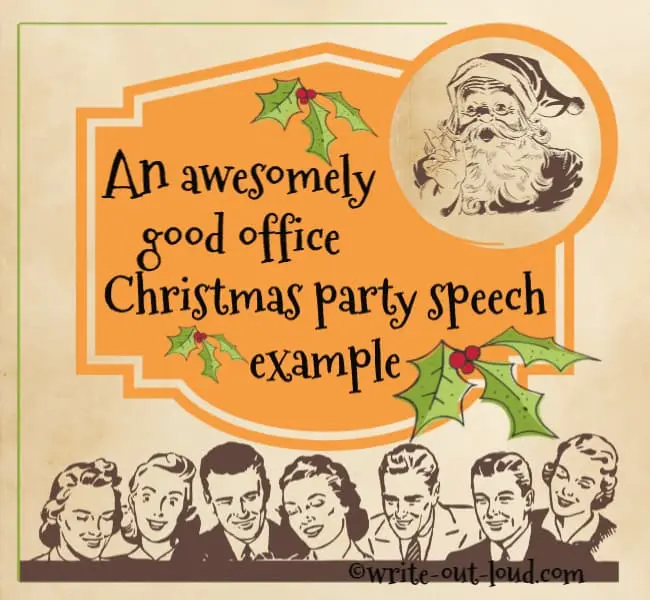 A Retro Santa Claus announcing 'an awesomely good office Christmas speech example' to a row of happy smiling office workers.