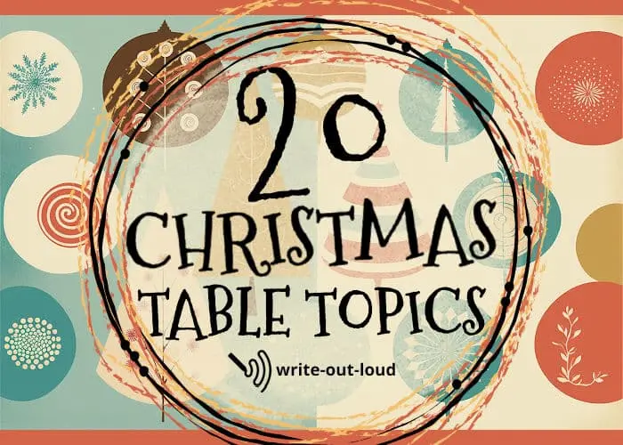 Image background - retro Christmas decorations and trees. Text: 20 Christmas Table Topics