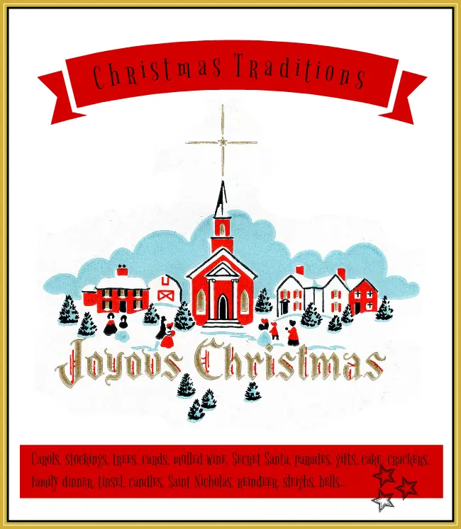 Image: traditional Xmas card. Text: Christmas traditions: carols, food, presents, trees... (1 of 150 interesting speech topics)
