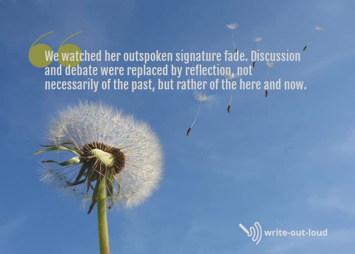 Image: dandelion. Text: We watched her outspoken signature fade.