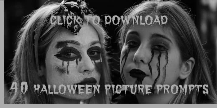 Black and white photo of two girls wearing heavy Halloween makeup