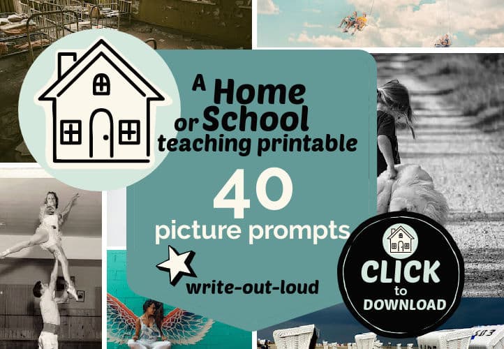 Image: Background collage of images - Foreground download button for 40 picture prompts pdf