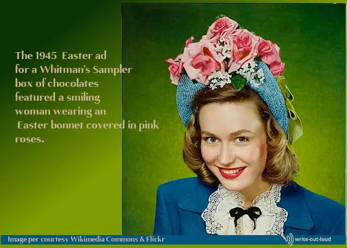 Whitmans chocolate ad 1945 - woman wearing an Easter bonnet Whitmans chocolate ad1945 - woman wearing an Easter bonnet