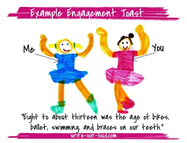 Quotation from an engagement toast for a childhood friend from her maid of honor: "Eight to about thirteen was the age of bikes, ballet, and braces on our teeth." Image: Child's drawing of two girls dancing. Text: "Eight to about thirteen was the age of bikes, ballet, and braces on our teeth."