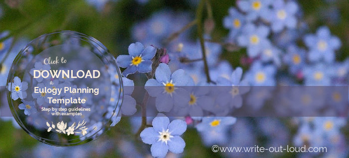 Image: background blue forget-me-not flowers. Text: Click to download a eulogy planning template. Step by step guidelines with examples.