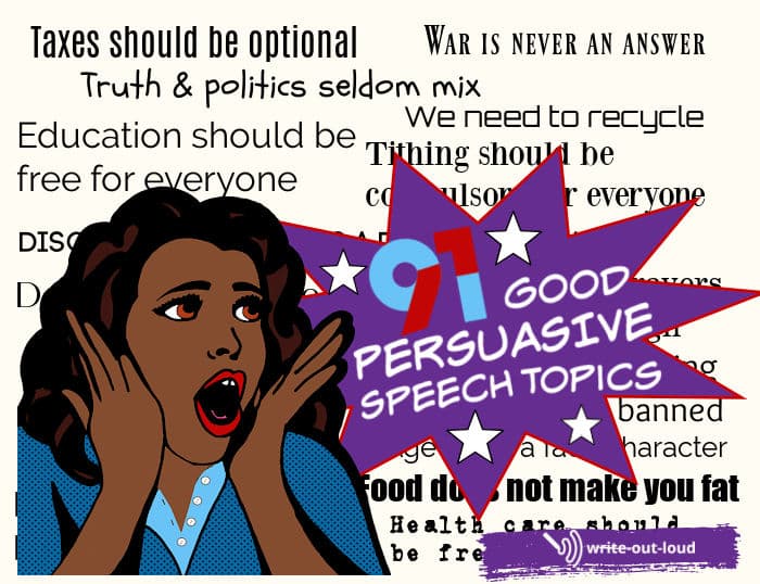 Retro cartoon of girl exclaiming with delighted surprise: 91 good persuasive speech topics