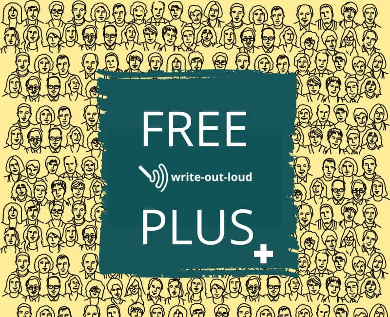 Label: Text: Free write-out-loud plus.
Background: montage of faces Label: Text: Free write-out-loud plus.
Background: montage of faces