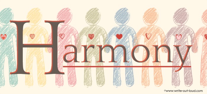 Image - a row of stylized persons of varying colors, each with a glowing red heart. Text superimposed over image: Harmony