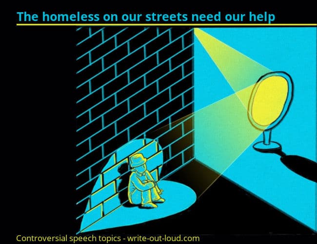 Image: cartoon of man sitting on street in a heart shaped beam of yellow light. Text: The homeless on our streets need our help. Image: cartoon of man sitting on street in a heart shaped beam of yellow light. Text: The homeless on our streets need our help.