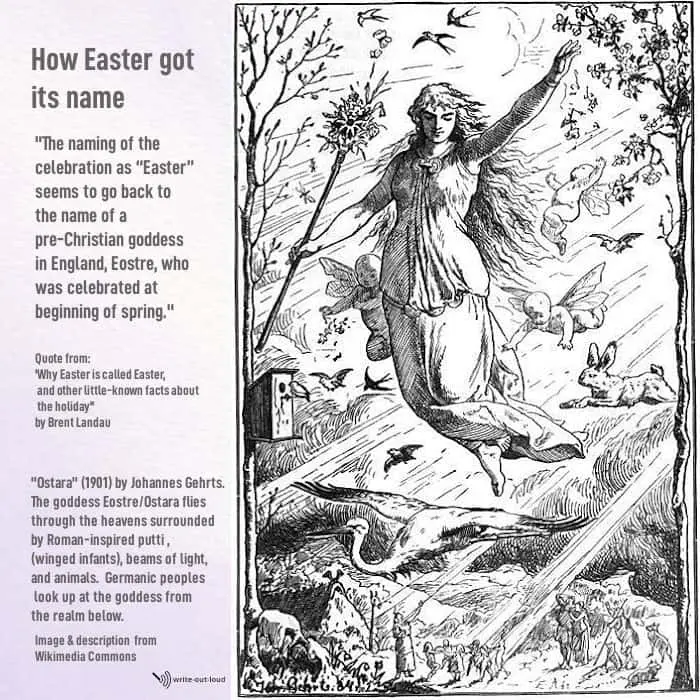 How Easter got its name - Drawing of the goddess Eostre/Ostara by Johannes Gehrts 1901 How Easter got its name - Drawing of the goddess Eostre/Ostara by Johannes Gehrts 1901