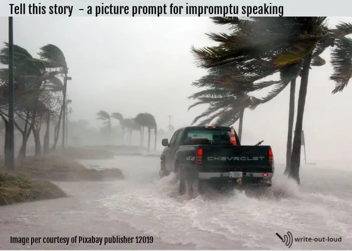 Picture prompt: Key West, Florida, hurricane 2013 - pickup truck driving through flooding