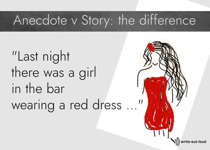 Drawing of a girl wearing a red dress. Text: Anecdote v story: the difference. Last night in the bar there was a girl wearing a red dress.
