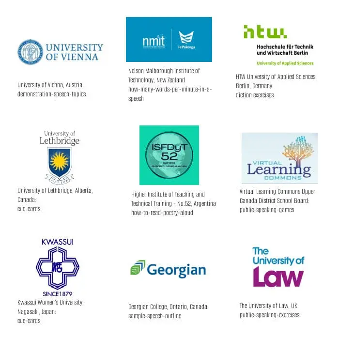 Logos of universities and schools outside of US using write-out-loud.com material