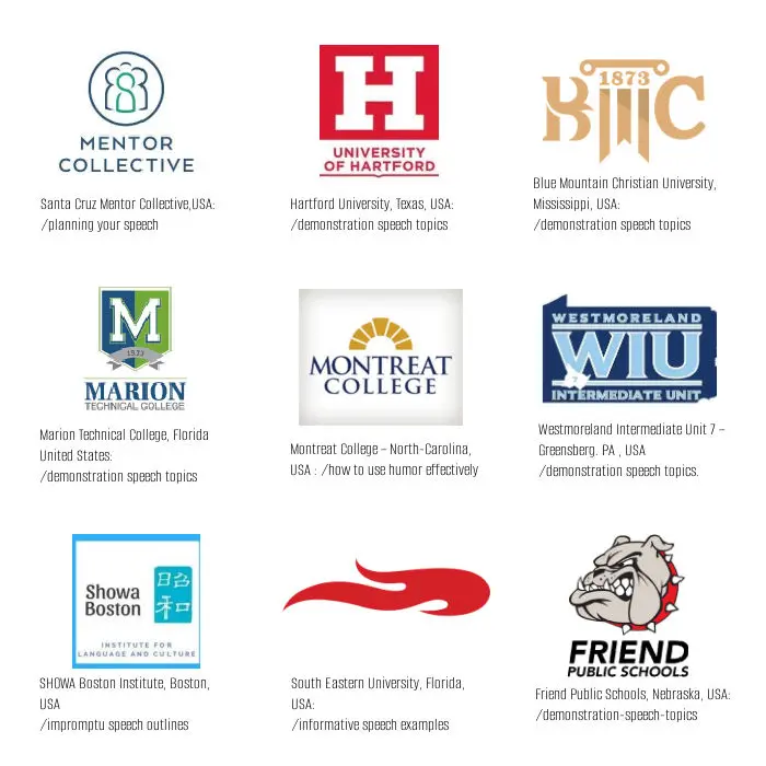Logos from 9 USA universities and schools using material from write-out-loud.com