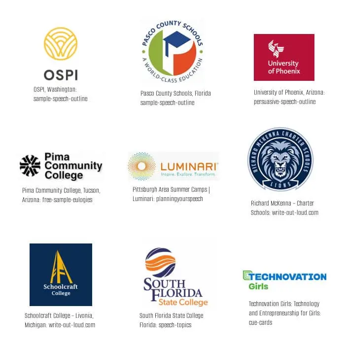 Logos of USA schools referring to write-out-loud.com