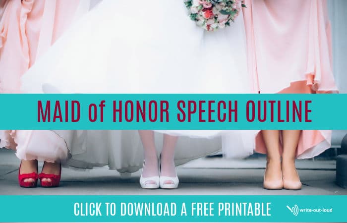 Image: a bride flanked by two bridesmaids. Text: Maid of Honor Speech Outline - click to download a free printable