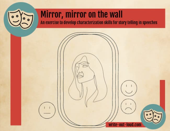 Image: drawing of a reflection of a face in a mirror. Text: Mirror, mirror, on the wall ... An exercise to develop characterization techniques for telling stories in speeches. Image: drawing of a reflection of a face in a mirror. Text: Mirror, mirror, on the wall ... An exercise to develop characterization techniques for telling stories in speeches.