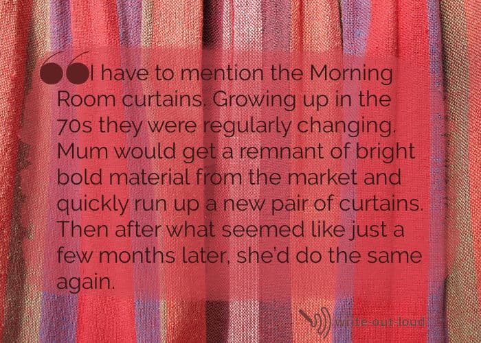 Image: bright striped curtain fabric. Quote: I have to mention the Morning Room curtains...