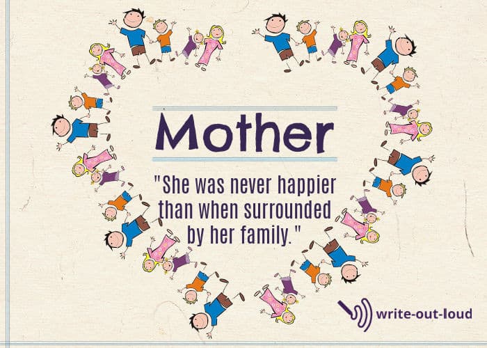 Image: heart shaped family group. Text in center: Mother - She was never happier than when she was surrounded by family. Image: heart shaped family group. Text in center: Mother - She was never happier than when she was surrounded by family.