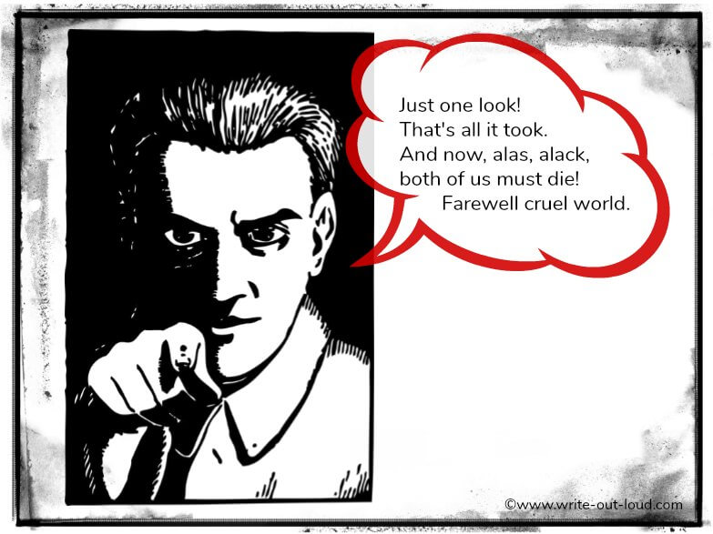 Staring, pointing man with text reading: Just one look. That's all it took. And now, alas, alack, both of us must die. Farewell cruel world. Staring, pointing man with text reading: Just one look. That's all it took. And now, alas, alack, both of us must die. Farewell cruel world.