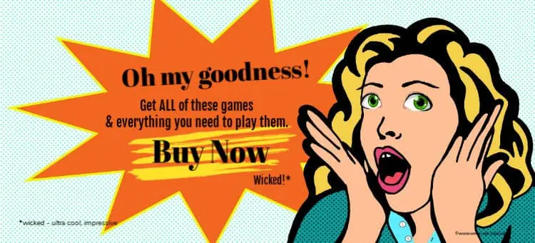 Retro cartoon of an excited young woman. Text: OMG - get all these games and everything needed to play them - BUY NOW.