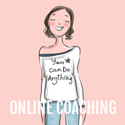 Young girl, smiling, wearing a white tee shirt saying, 'You can do anything.' Text overlay: Online coaching