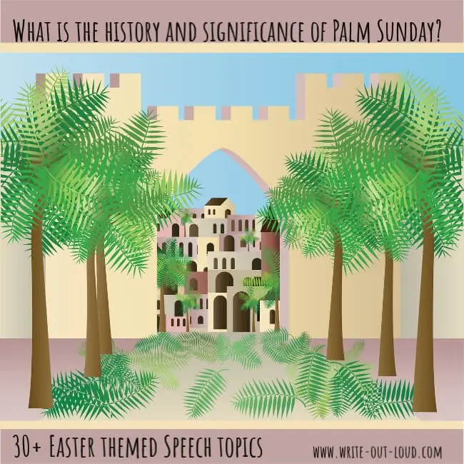 Image: illustration of an ancient village with a palm tree lined road. Text: What is the history and significance of Palm Sunday? Image: illustration of an ancient village with a palm tree lined road. Text: What is the history and significance of Palm Sunday?