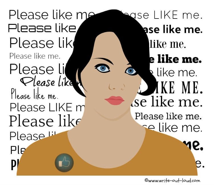 Please like me, please like me, please like me... Image: young girl with badge showing Facebook thumbs up icon on her tee-shirt. Background text: Please like me, please like me, please like me...