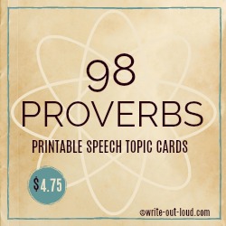 Image: label with parchment paper background. Text: 98 Proverbs Printable Speech Topic Cards. Image: label with parchment paper background. Text: 98 Proverbs Printable Speech Topic Cards.